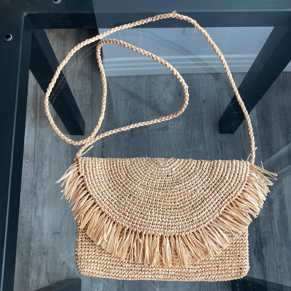 Mar y Sol Handmade Raffia Straw Woven Crossbody Flap Bag with Fringe